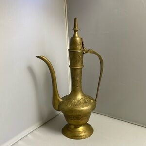 Vintage Brass Etched Pitcher‎ Ewer Small Lots of Patina 9.75"